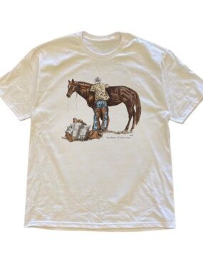 Gildan White Short-Sleeve Tee with Brown Horse & Cowboy Graphic